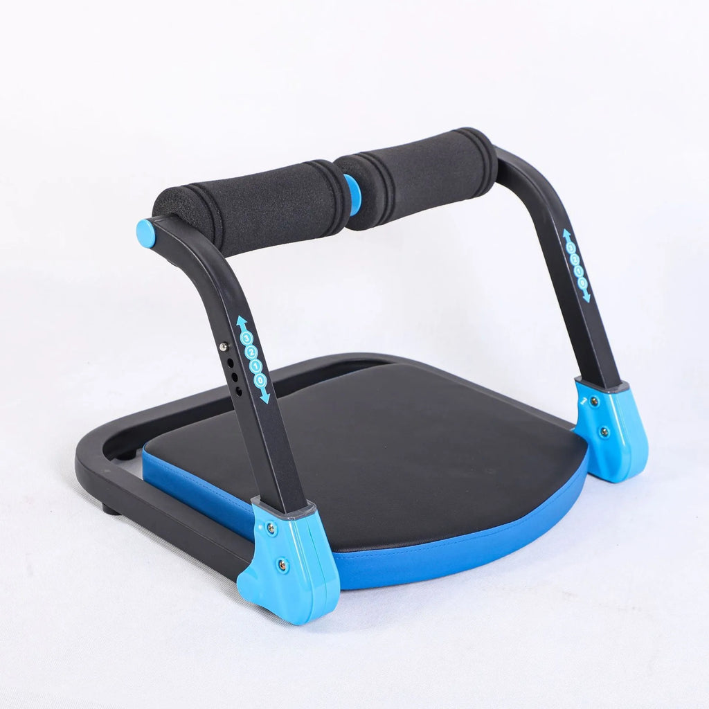 A compact red or sky blue multifunctional abdominal exercise device for home and office fitness.