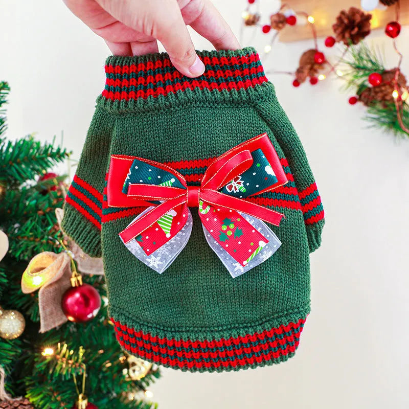 Red or green Christmas-themed polyester sweater for small dogs or cats on a festive background