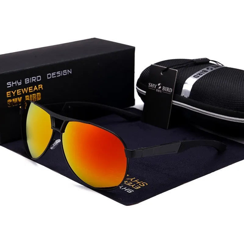 Men's orange-red aviator sunglasses with metal frame and polarised TAC lenses.