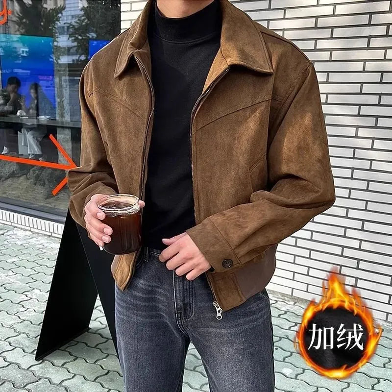 Short jacket with loose lapels in brown suede-style fabric, front view, on a plain background.