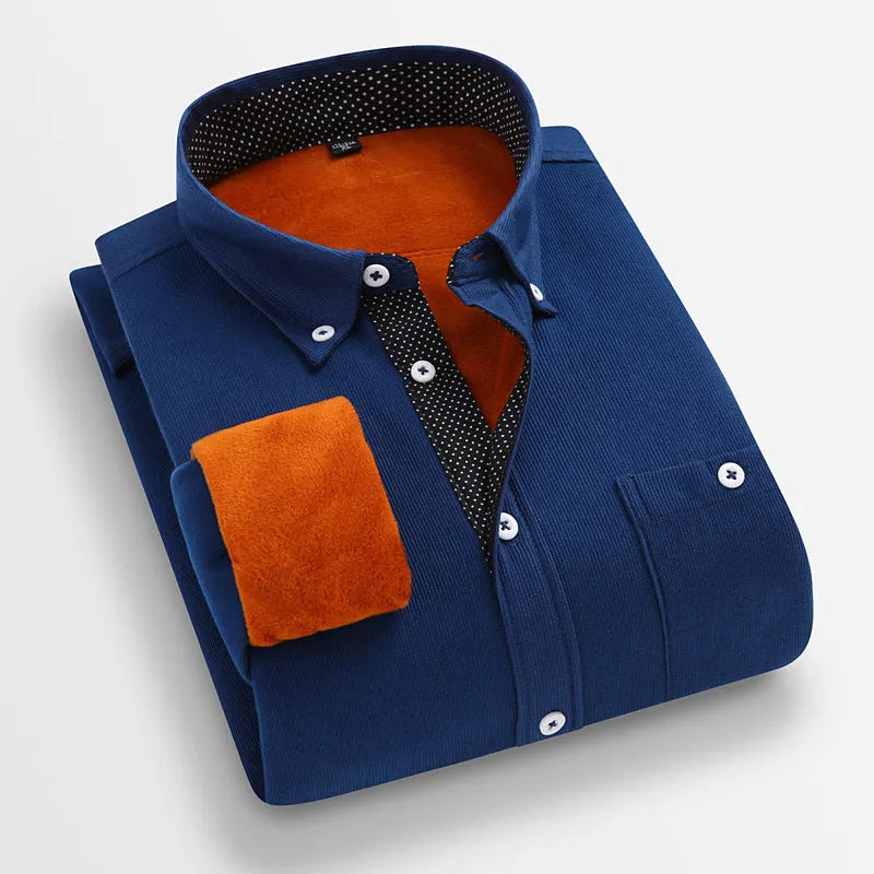 Men's thickened linen flannel shirt in navy blue with long sleeves and loose fit on a mannequin
