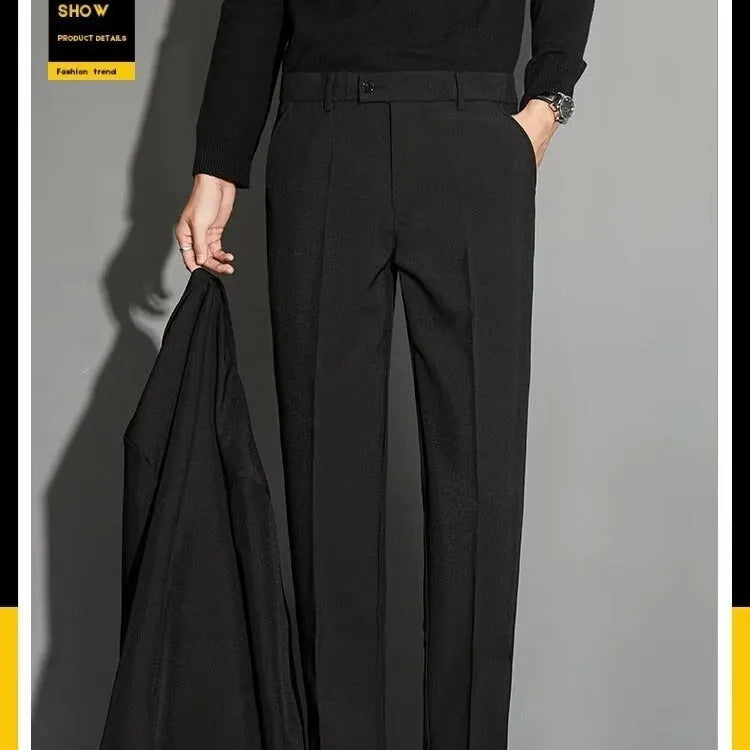 Men's straight leg ankle-length suit trousers in apricot colour on a model