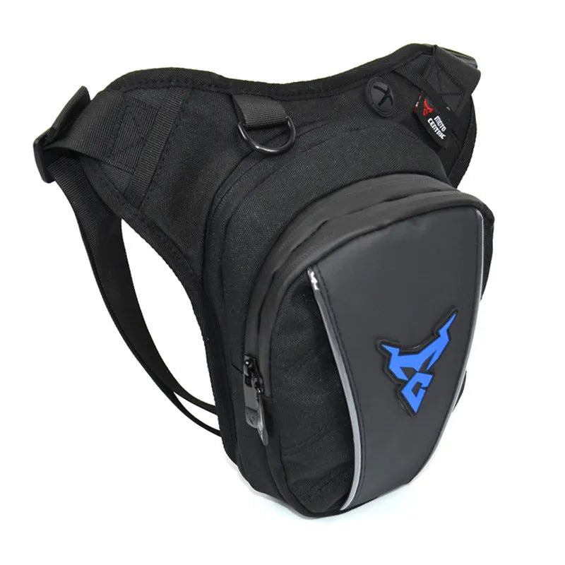0105MC Motorcycle leg bag in 1200D Oxford cloth shown in blue, with dimensions 29cm x 29cm.