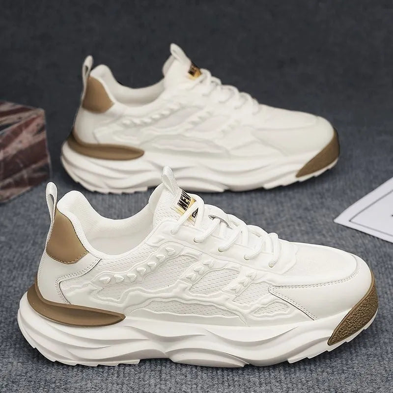 Men's breathable mesh shoes in white or black with PU mesh upper and round toe design