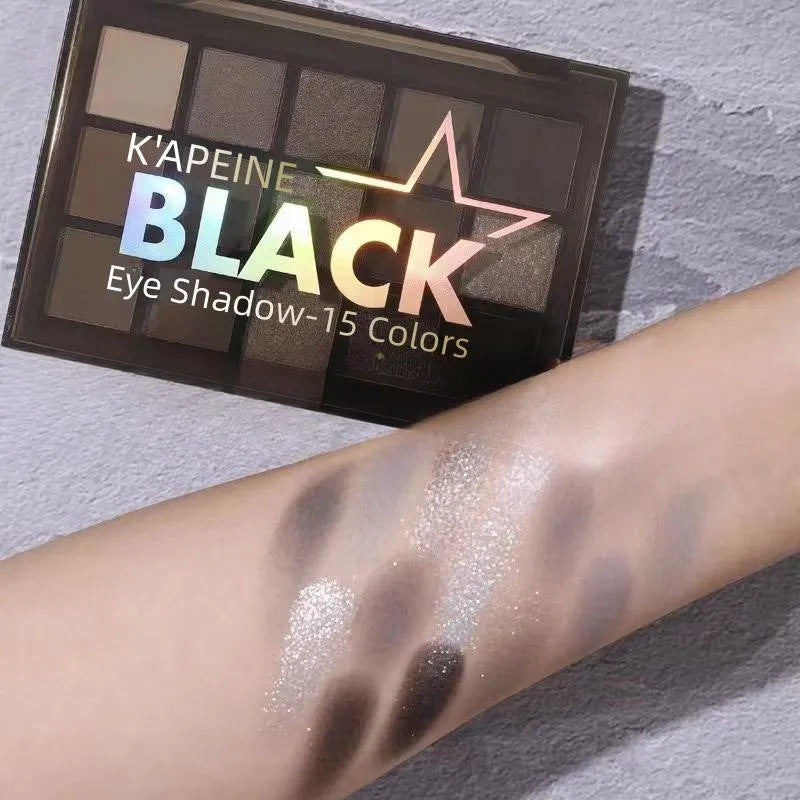 Easy To Colour 15 pan eyeshadow palette with shimmer and matte brown blue earth tones.