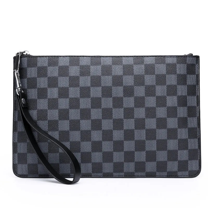 Men's soft PU leather clutch showing card slots, bill compartments, and zipper pocket