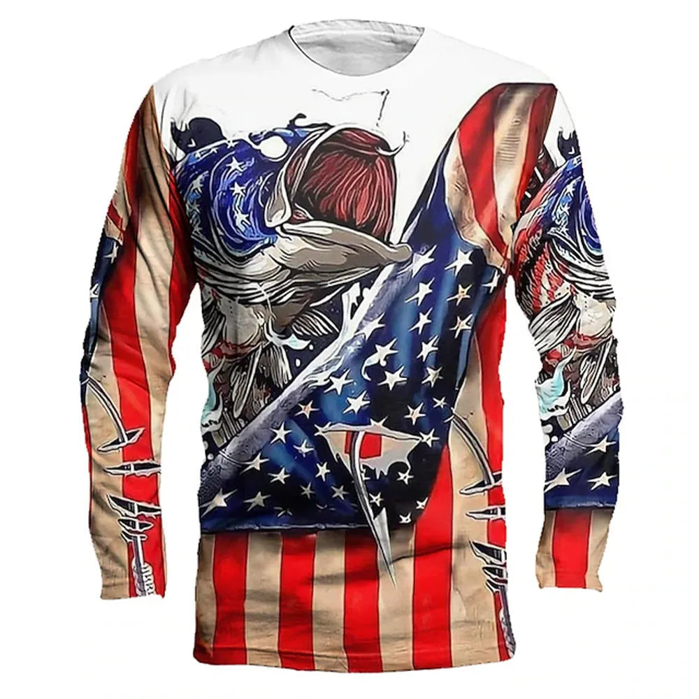 Men's fish printed long sleeve pullover top in milk silk fabric with round neck