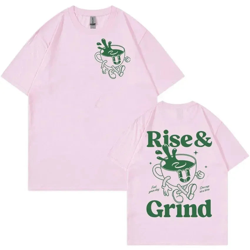 Loose fit linen t-shirt with Rise And Grind text and cartoon coffee graphic
