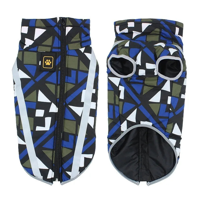 Reflective thick polyester dog jacket in geometric Blue colour for large breed dogs