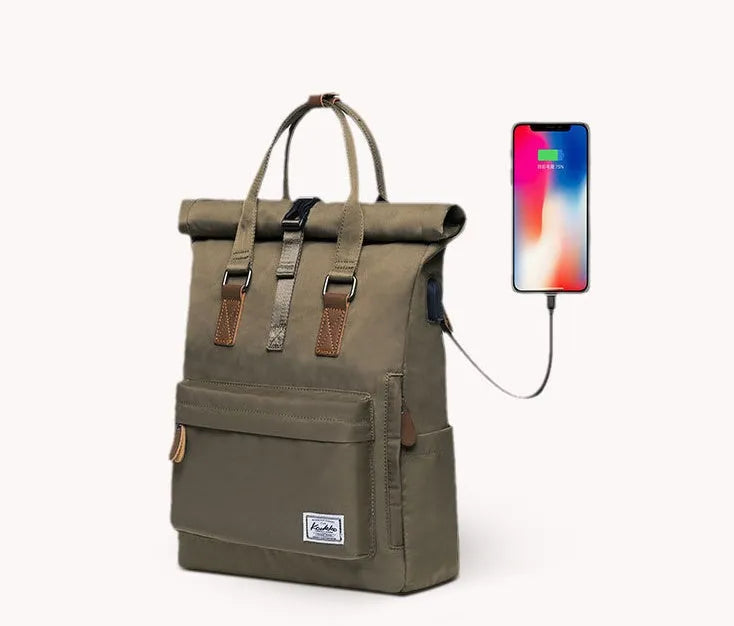 Casual polyester backpack with laptop compartment in black, dark grey, or green colours