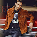 Men's brown pig skin leather biker jacket with zip front and pockets, American casual style