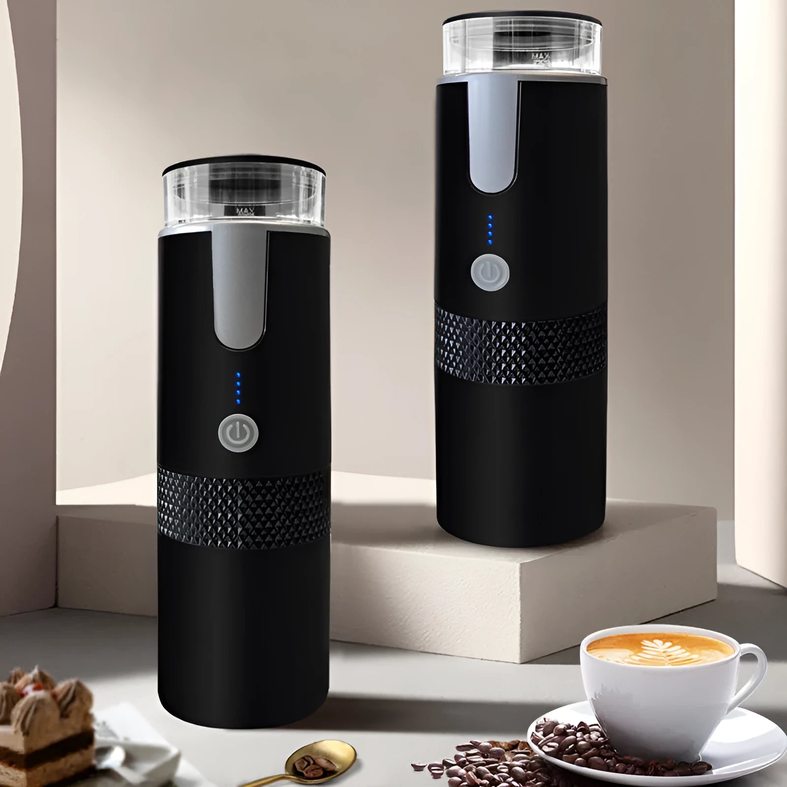Black portable wireless electric coffee maker with 170ml water tank and USB charging cable