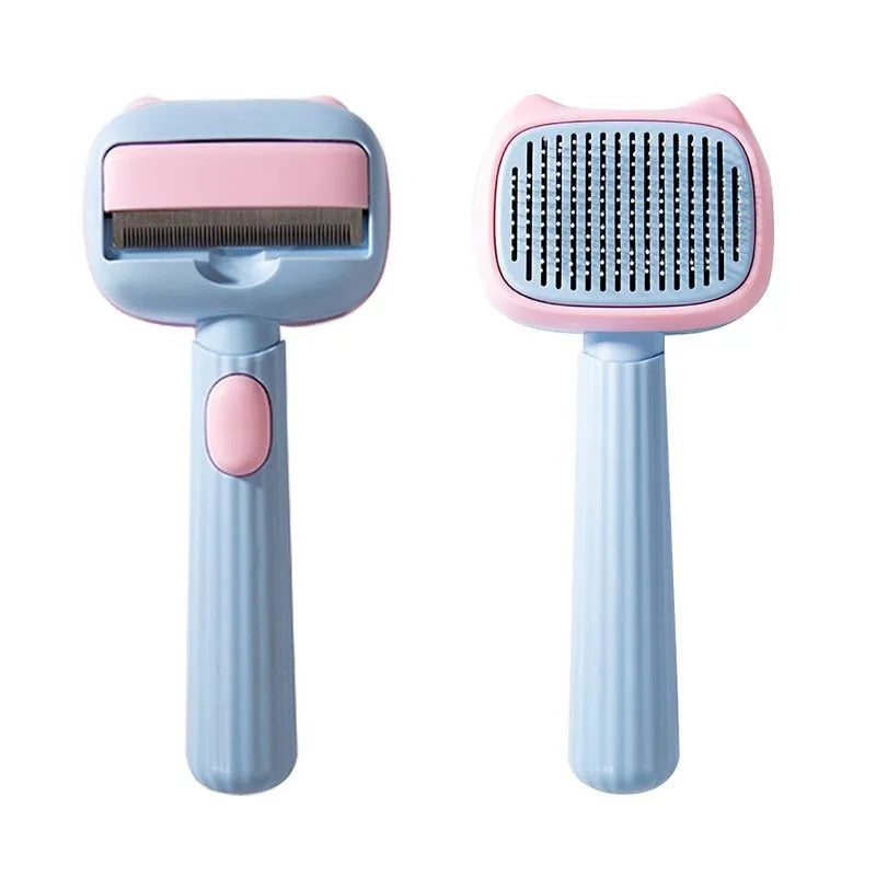 Blue double-sided pet grooming brush with deshedding rake and dematting comb on a wooden surface.