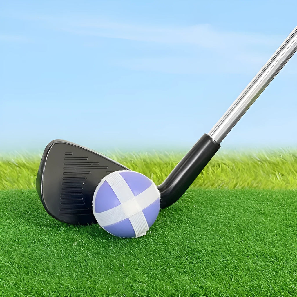 Metal golf club set showing adult and children's colour options for outdoor sports use