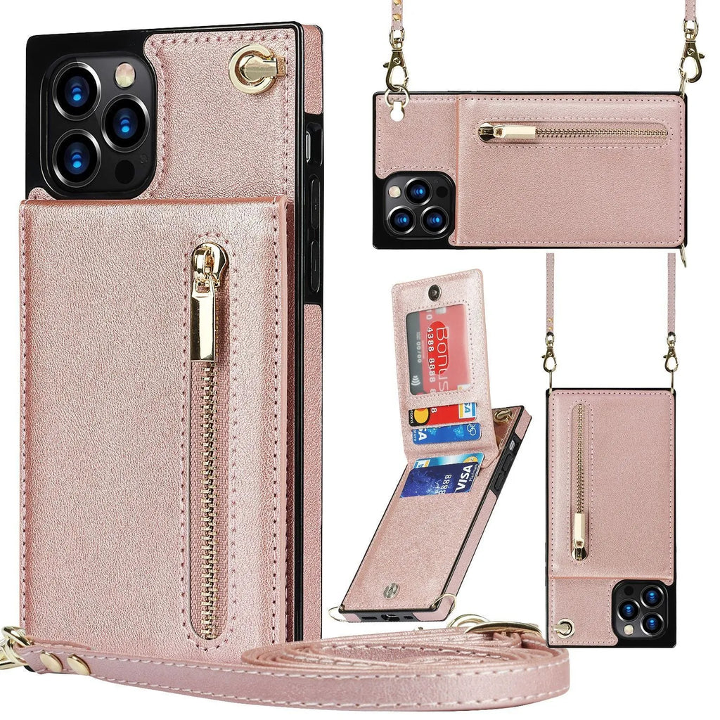 Leather mobile phone case in solid colour options including black, purple, and rose gold.
