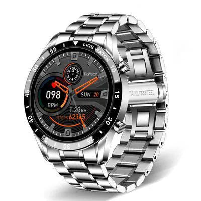 Smart watch with stainless steel band showing 1.3-inch screen display on a wrist.