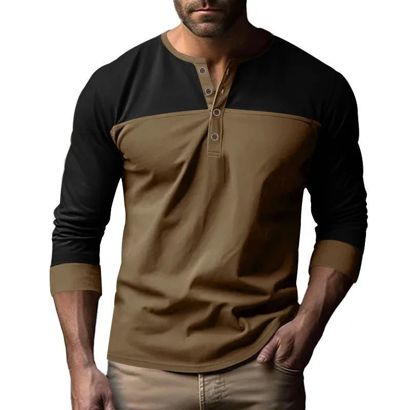Men's long-sleeve henley collar casual shirt in a retro colour-block design