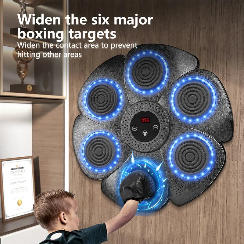 Black smart music boxing machine wall target with Bluetooth and LED lights, includes half finger boxing gloves