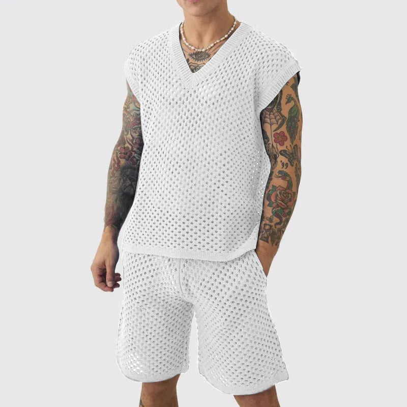 Men's blue knitted V-neck vest and matching shorts suit for summer sports