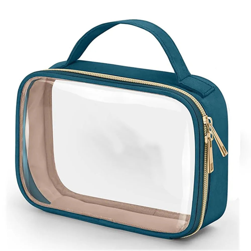 Clear PVC cosmetic wash bag with chain handle showing lipsticks inside, in leopard print colour.