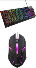 Black gaming keyboard and mouse combo with backlit keys and USB cables