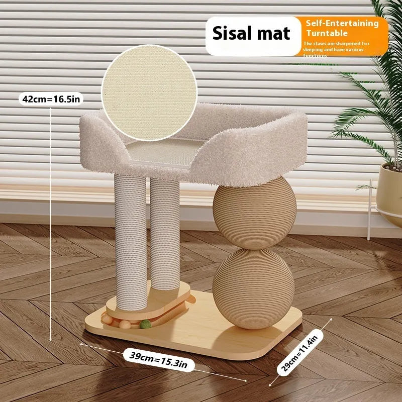 Pine wood cat nest with sisal scratching surfaces and double-ball design for feline play and rest