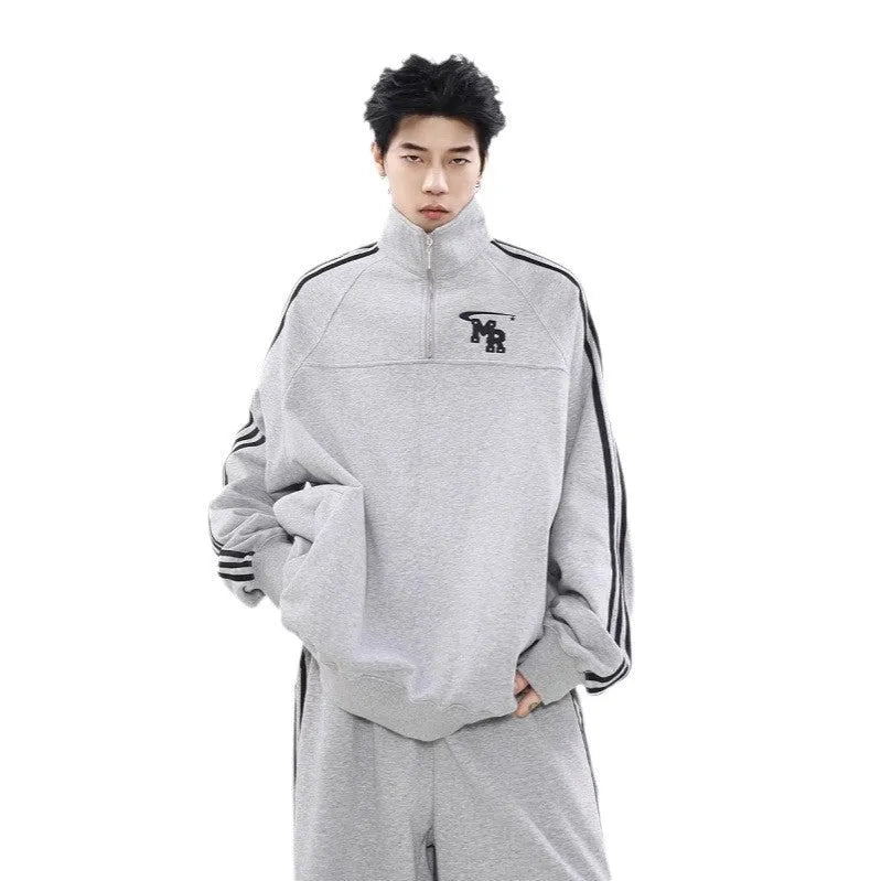 Black men's Hong Kong style hoodie with a stand collar and long sleeves on a mannequin