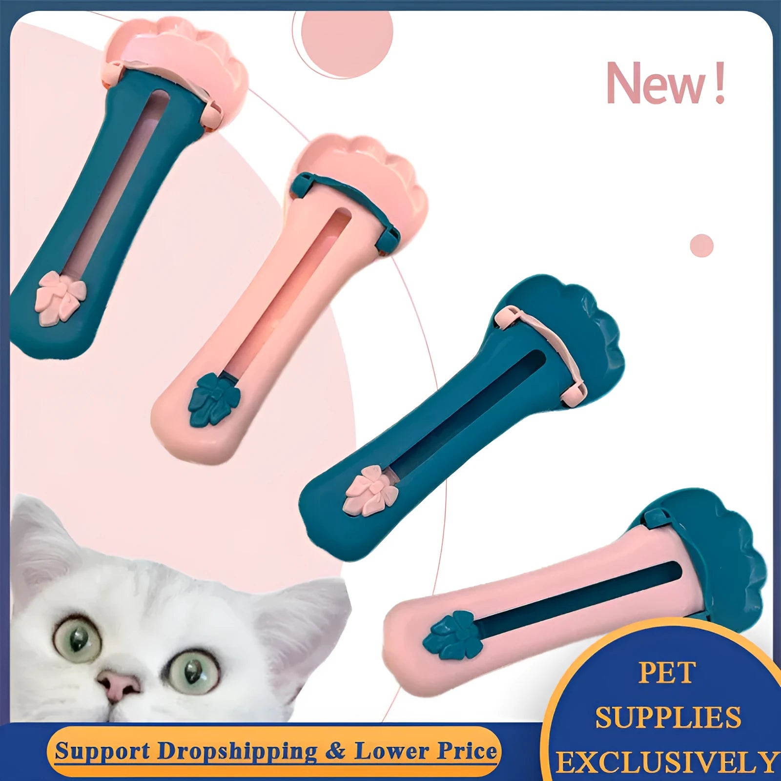 Green and pink pet feed spoon and snack squeezer tool for cat and dog food.