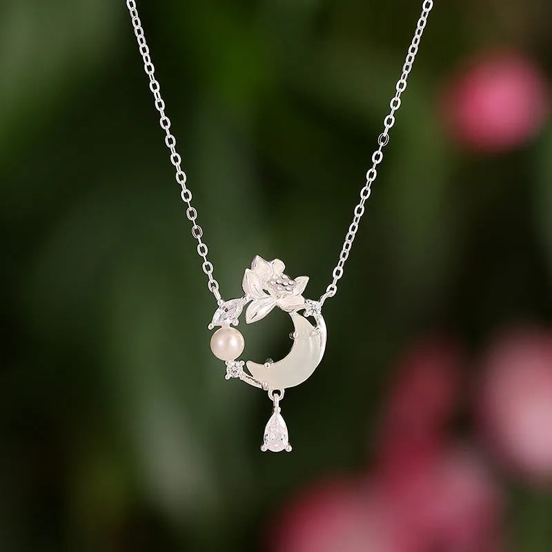 925 silver lotus moon pendant necklace with flower shape and adjustable O-ring chain on woman
