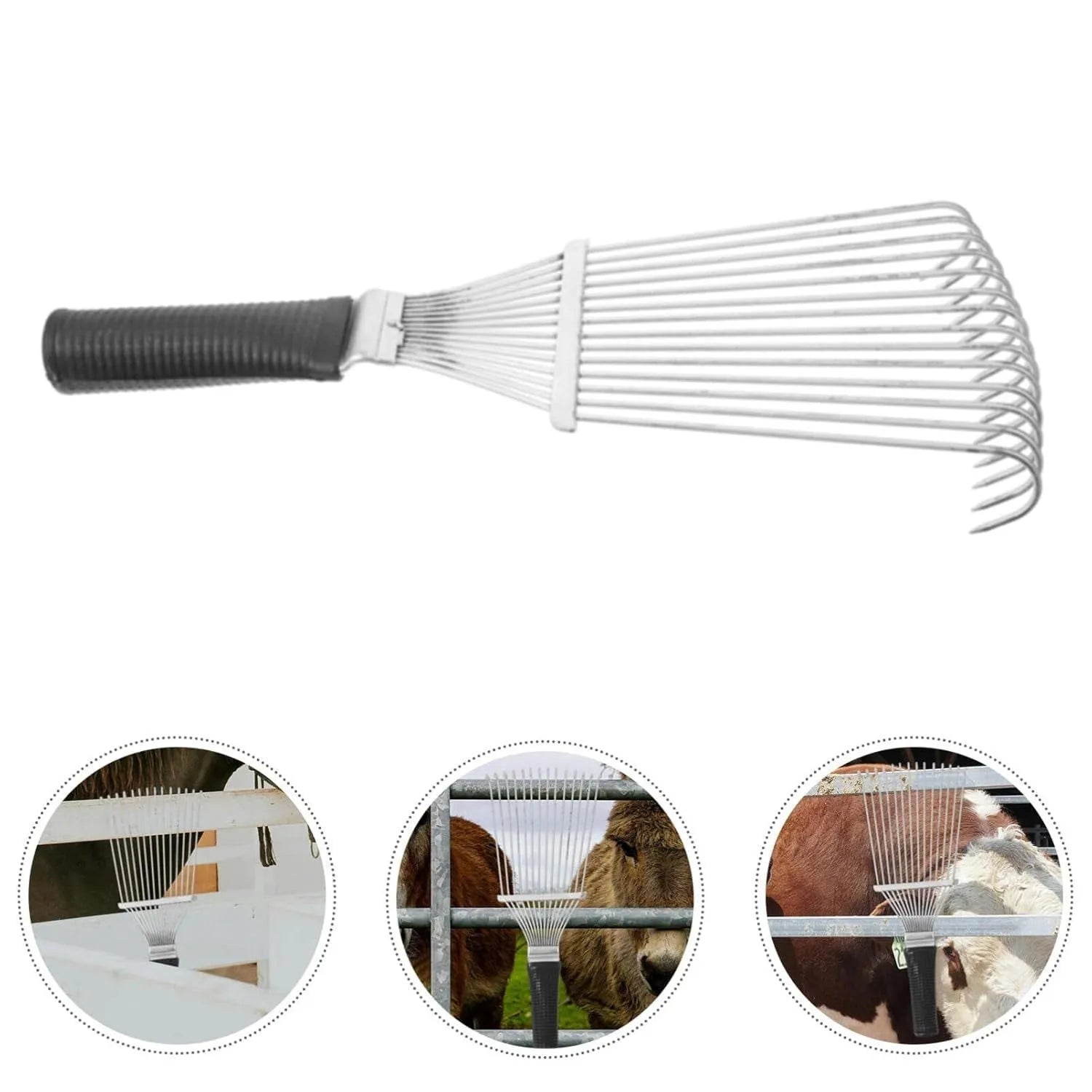 Black stainless steel dematting brush rake for grooming horses and dogs, measuring 33 cm.