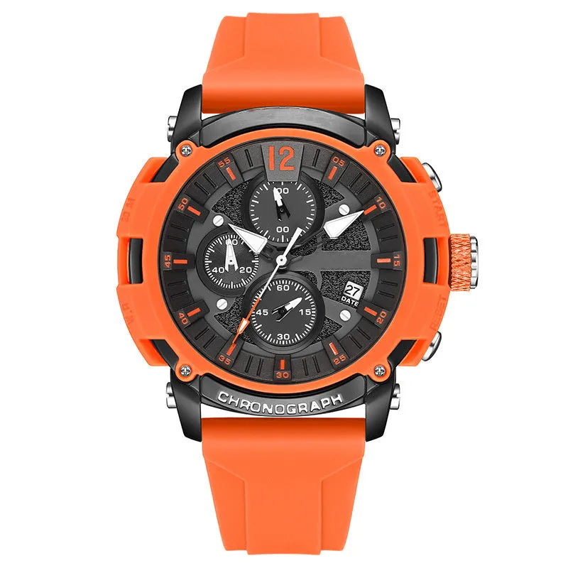 Men's waterproof quartz watch with luminous display and calendar functions on wrist