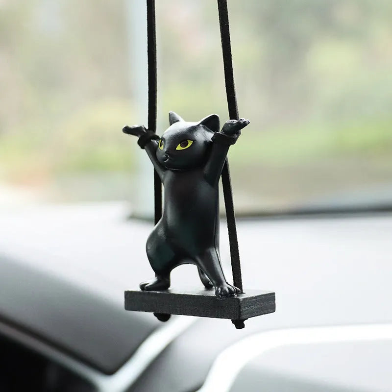 Cartoon-style resin cat pendant on adjustable rope for car interior decoration