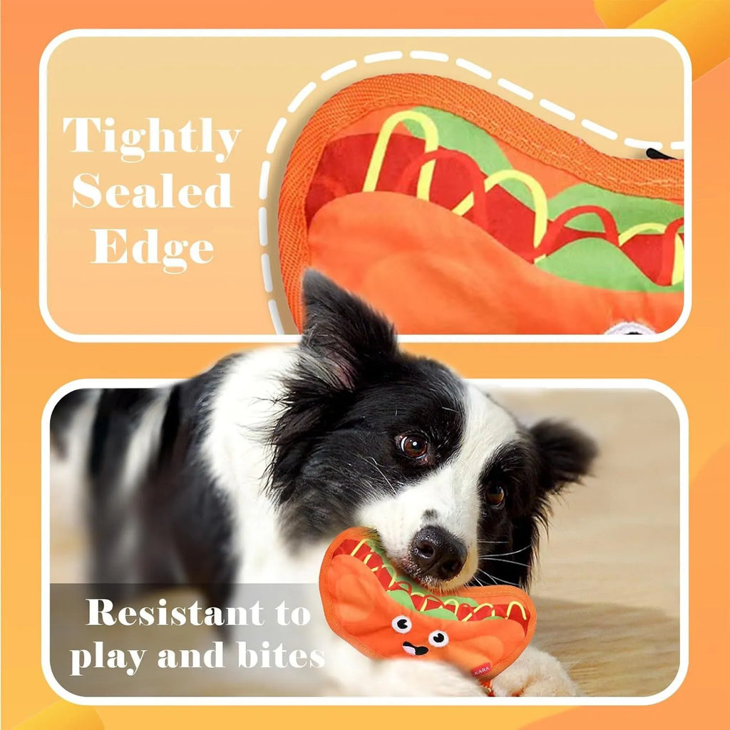 Hamburger shaped crinkle and squeak dog toy with no stuffing for safe interactive play