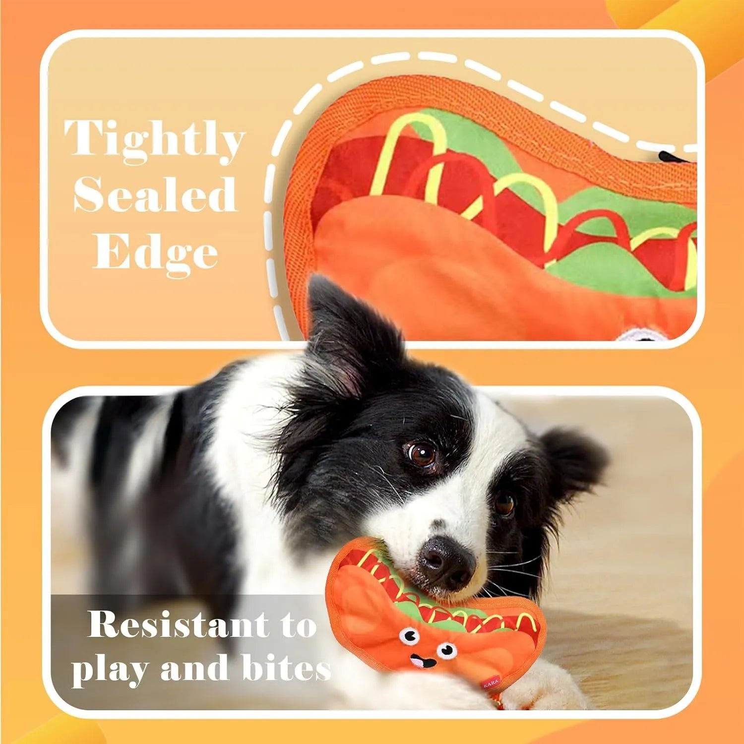 Hamburger shaped crinkle and squeak dog toy with no stuffing for safe interactive play