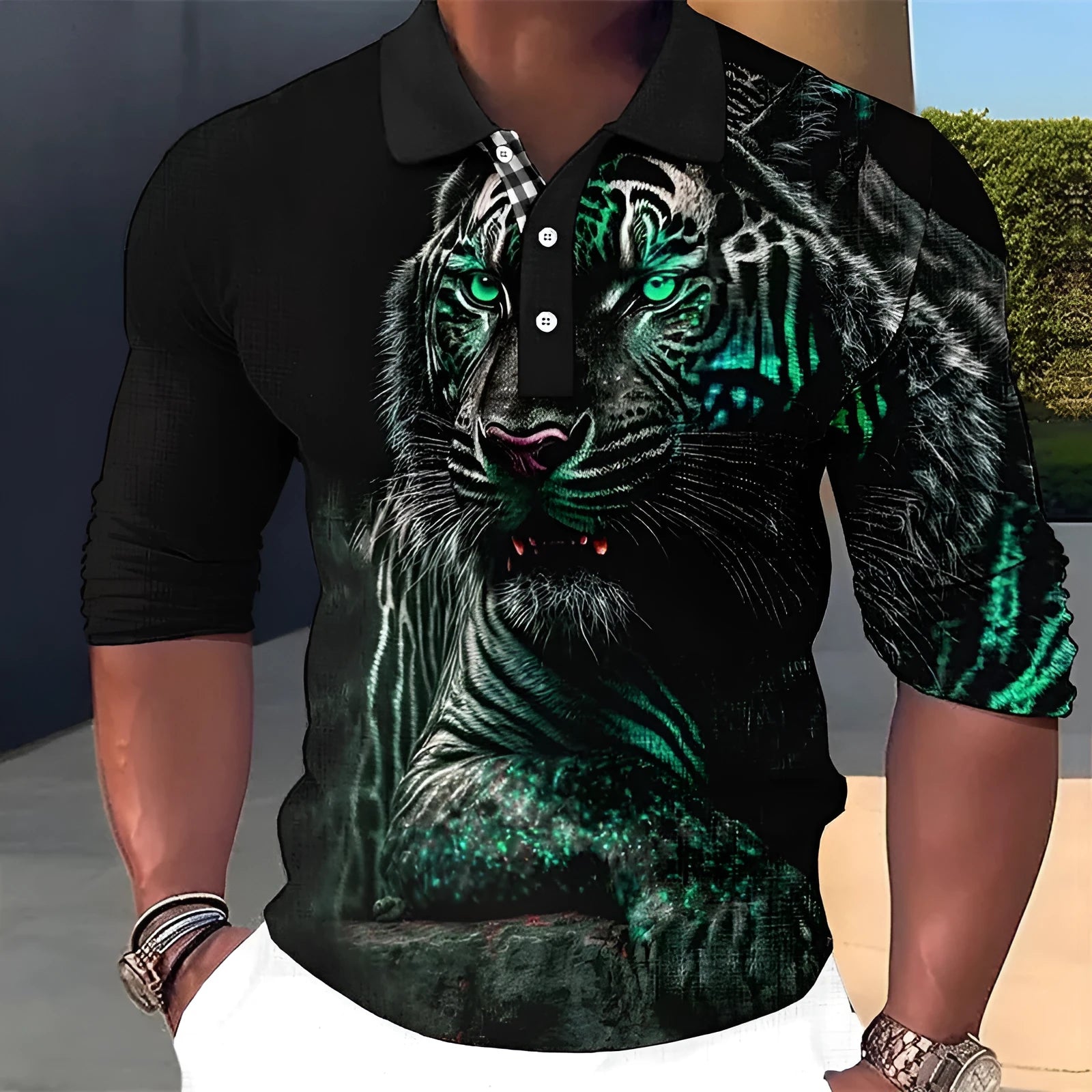 Long sleeve button-down polo shirt in loose fit with cartoon pattern and asymmetrical design