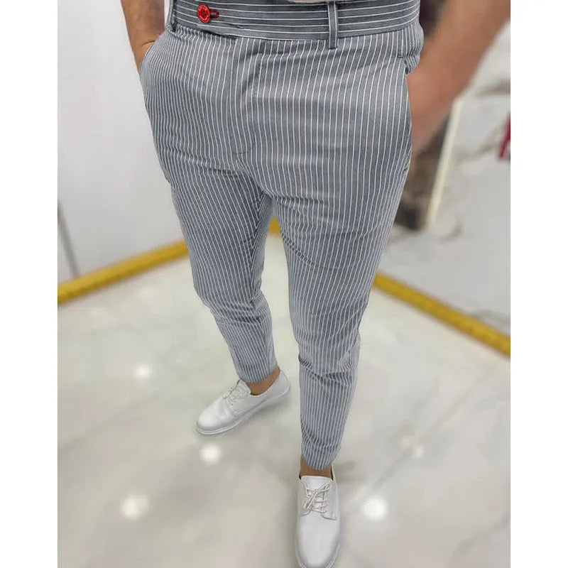 Men's thin striped slim casual trousers in chemical fibre blend, mid waist, button fly, available in multiple colours