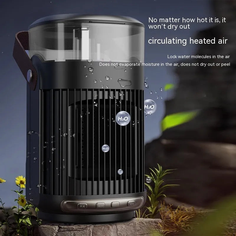 Black portable PTC heater with humidifier showing front control buttons and compact design