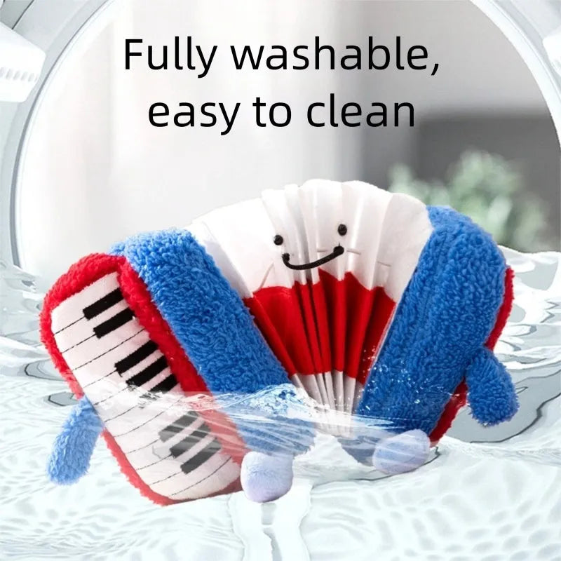 Accordion-shaped dog squeak toy in blue and white for interactive play and stress relief