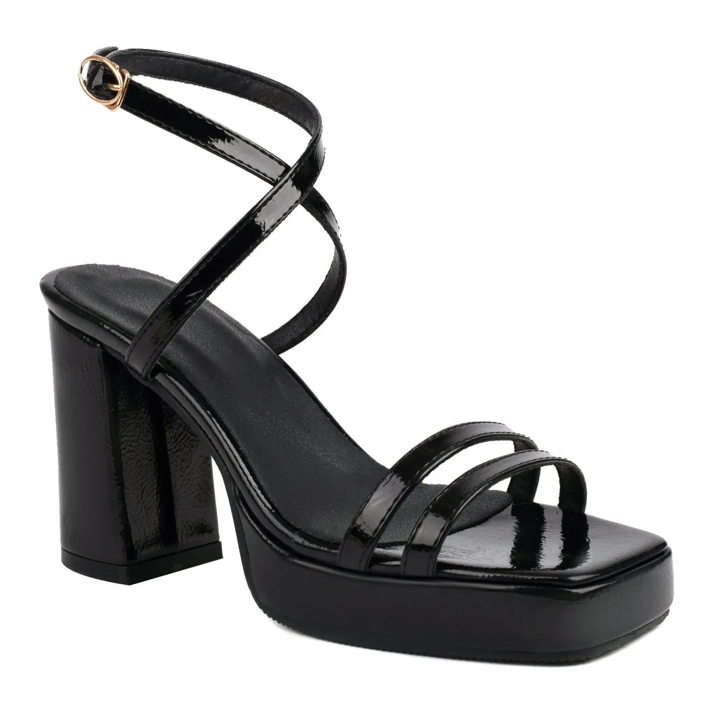 Summer square toe thin strap buckle wide strap high heels in microfiber, white colour option, side view