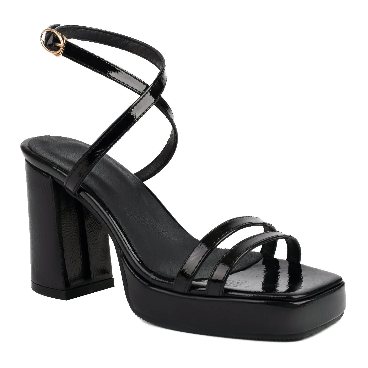 Summer square toe thin strap buckle wide strap high heels in microfiber, white colour option, side view