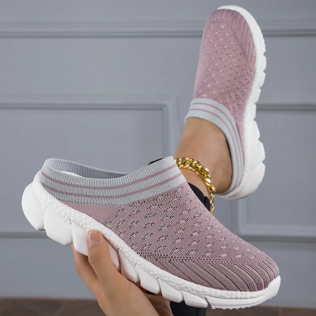 Women's black Flyknit semi slipper shoes with striped hollowed-out pattern and viscose sole