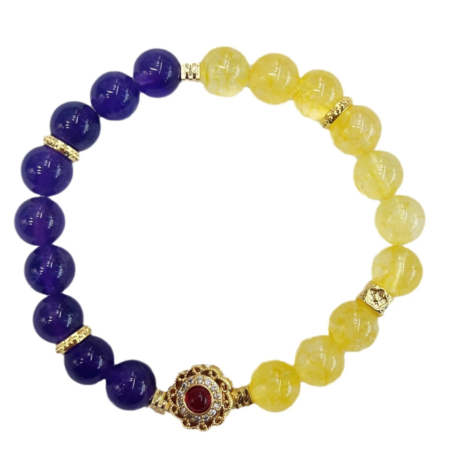 Handmade women's yellow and purple amethyst crystal bracelet on wrist