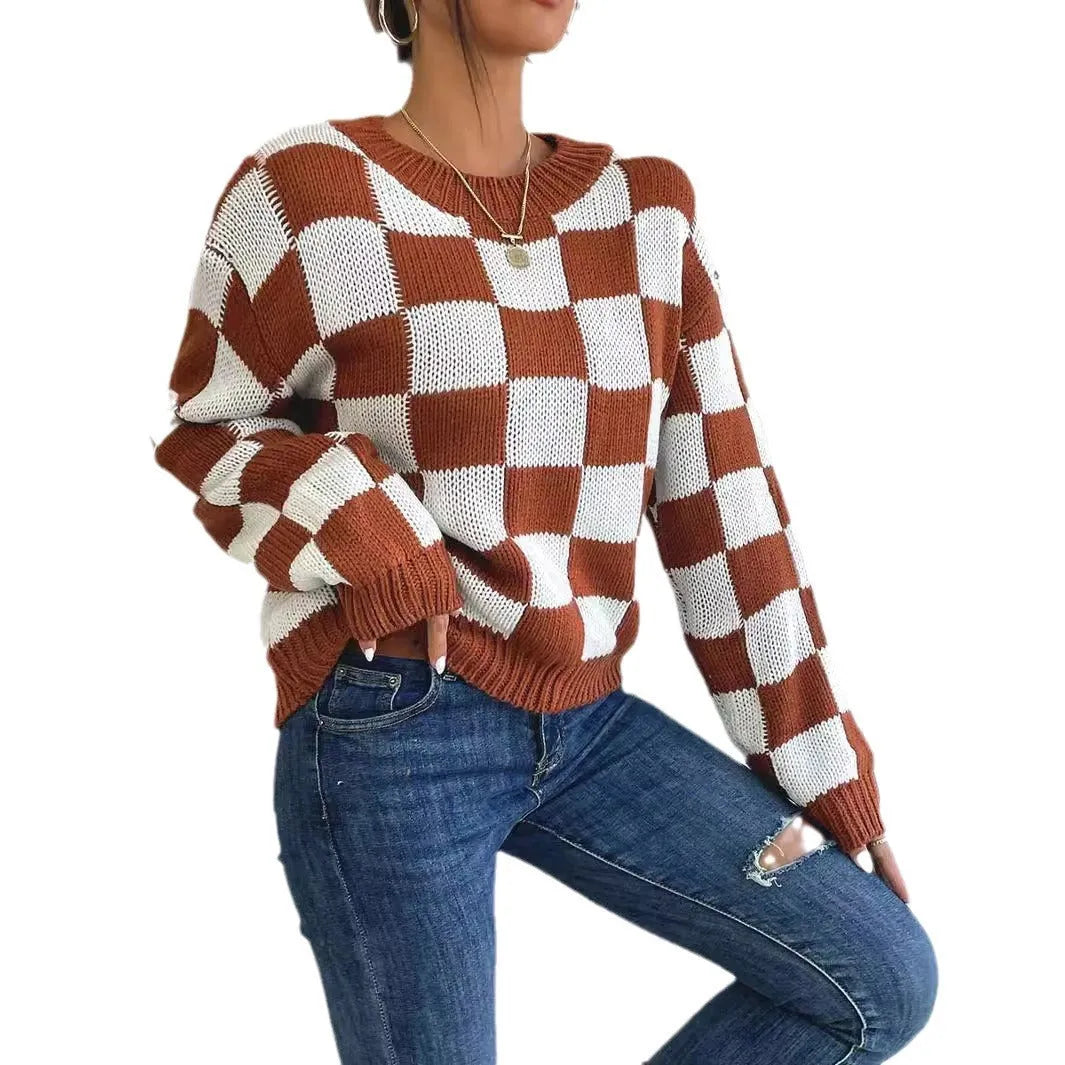 Dark brown acrylic pullover sweater with a chessboard plaid pattern and loose round neck.