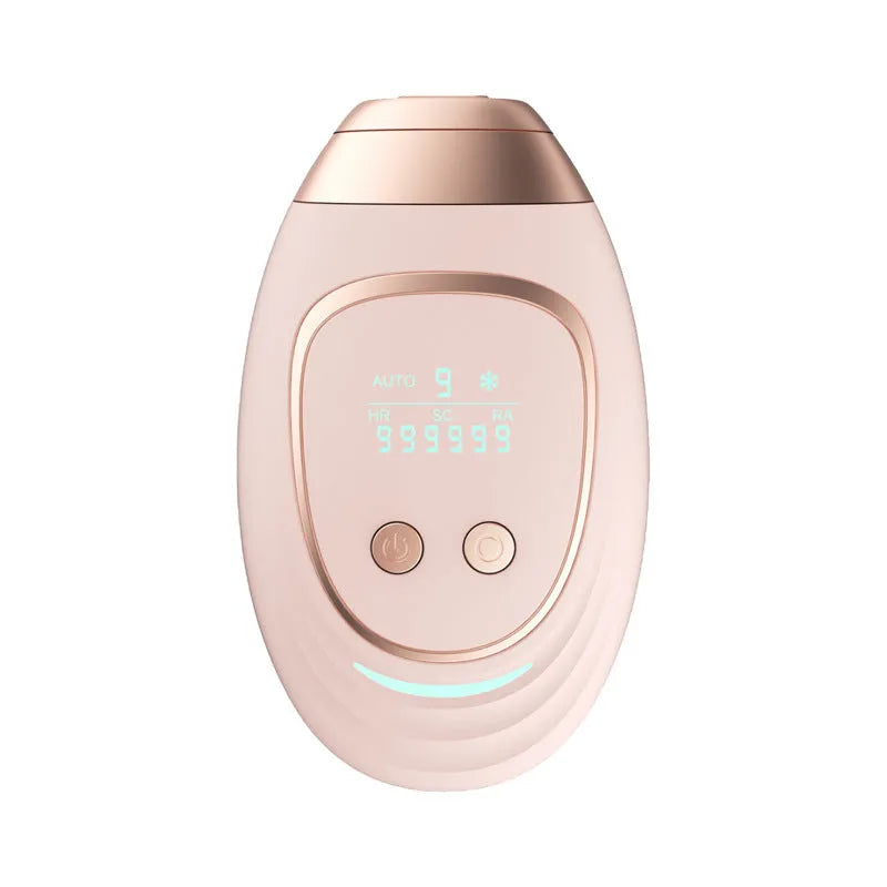 Pink and white three-in-one ice-sensing laser hair removal device with shaver and accessories.