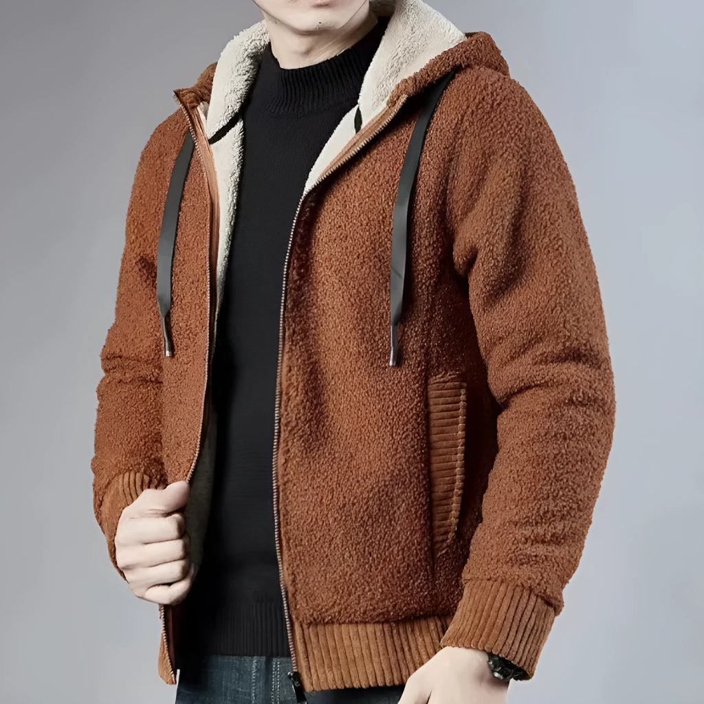 Men's zipper hooded fleece cardigan in black, front view, thick fabric for winter warmth