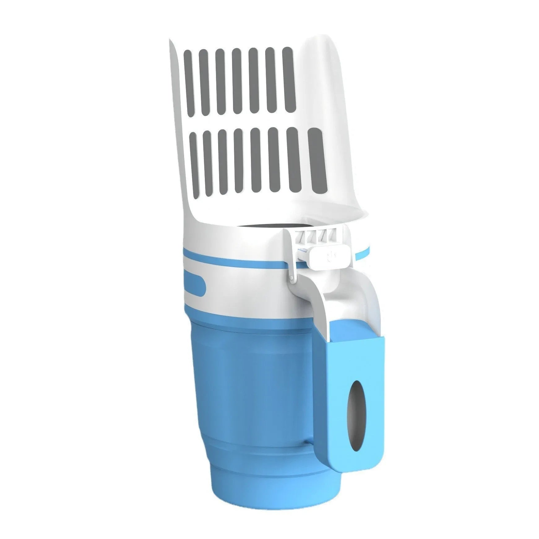 Grey foldable cat litter scoop with attached waste bin and lid