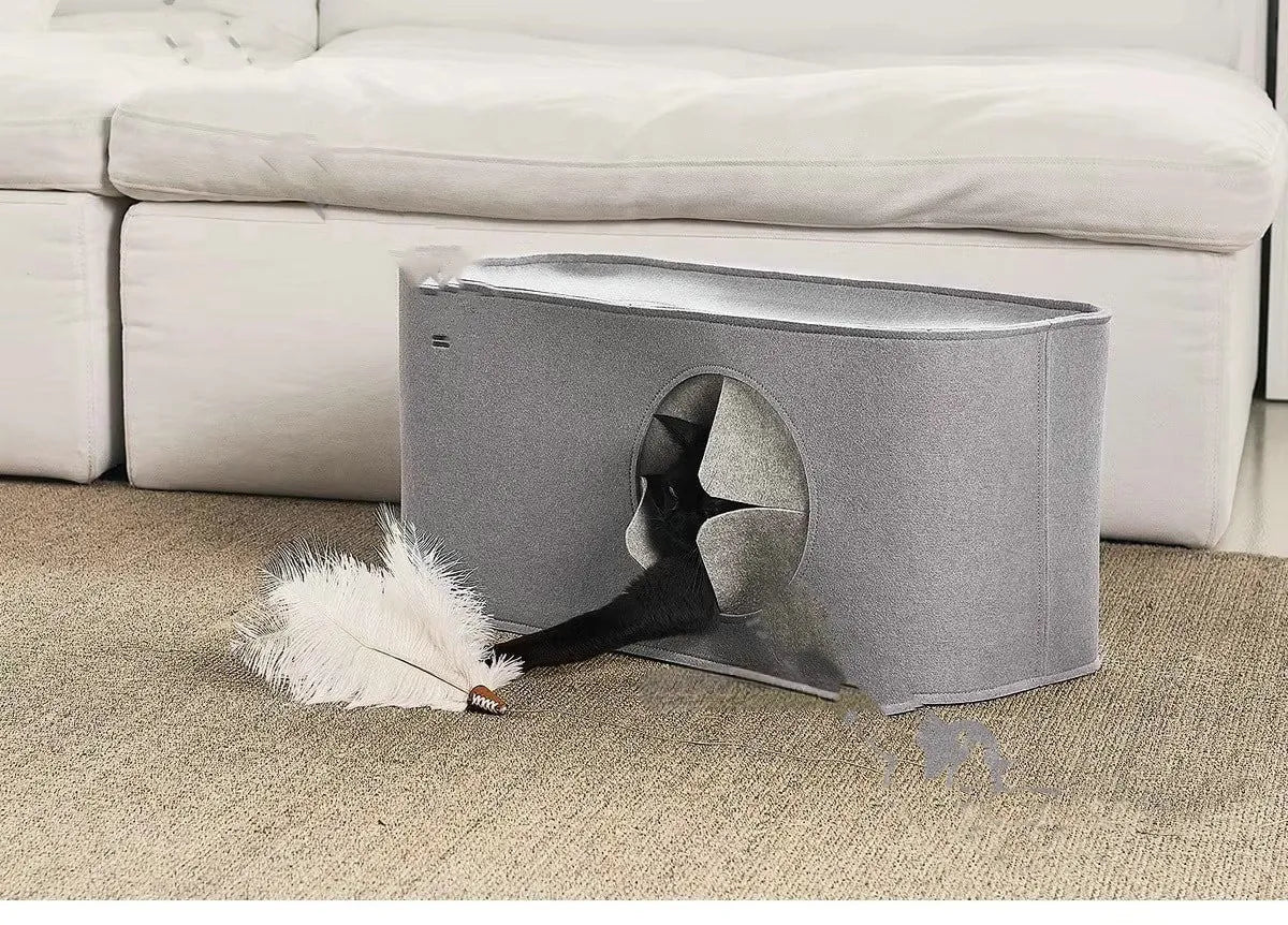 Foldable grey felt cat bed nest shown in both unfolded sleeping position and folded storage position