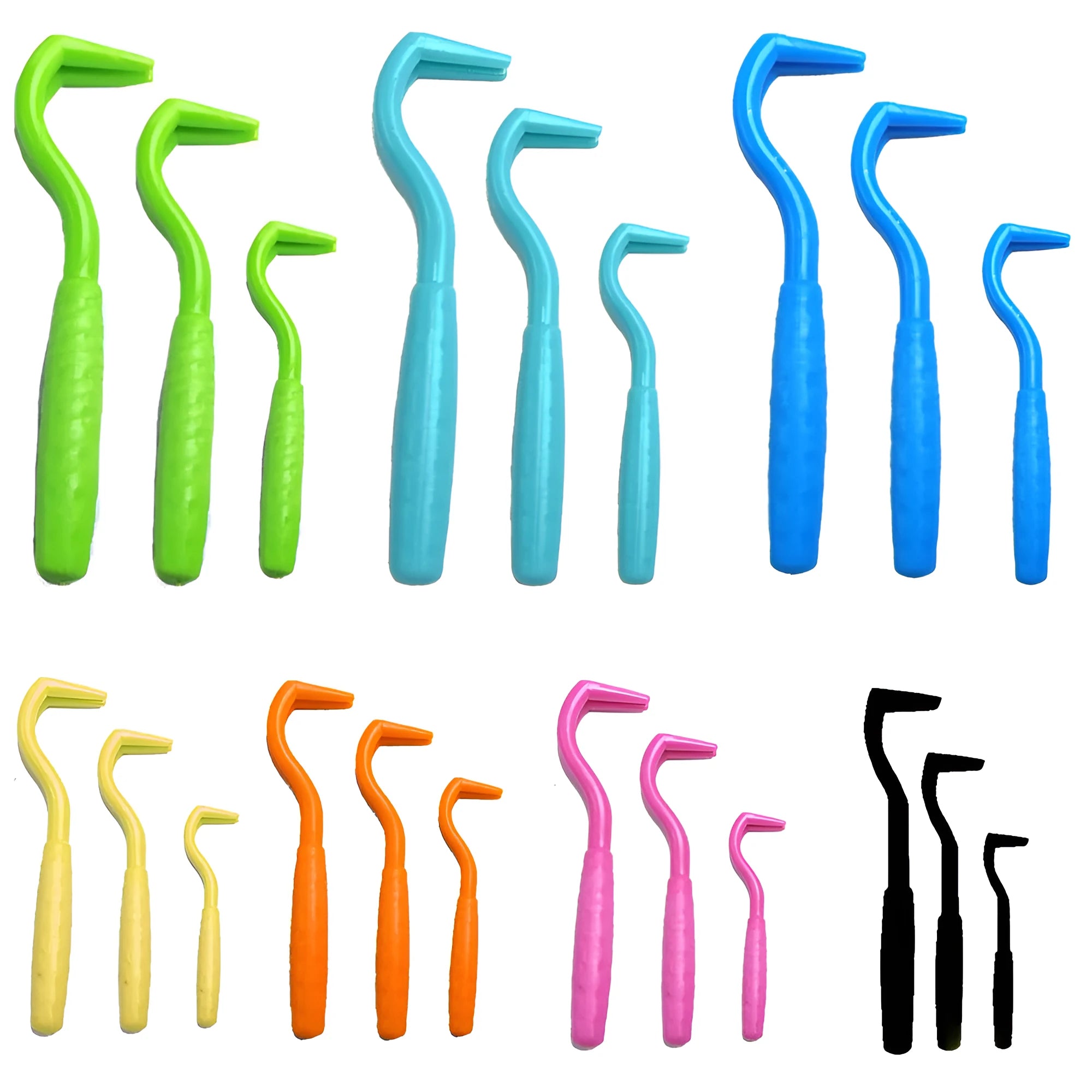 Set of three coloured plastic tick hook removal tools for dogs on a white background.