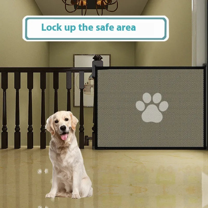 Portable folding dog barrier with cloth construction and plastic rod featuring dog footprint design