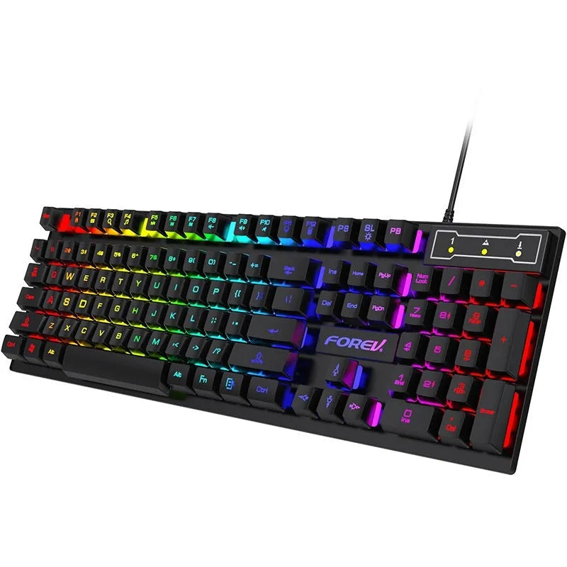 Black gaming keyboard and mouse combo with backlit keys and USB cables